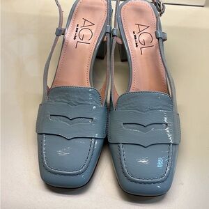 AGL baby blue Leather Square Toe Slingback Low Heel Shoes | Quiet Luxury NWT